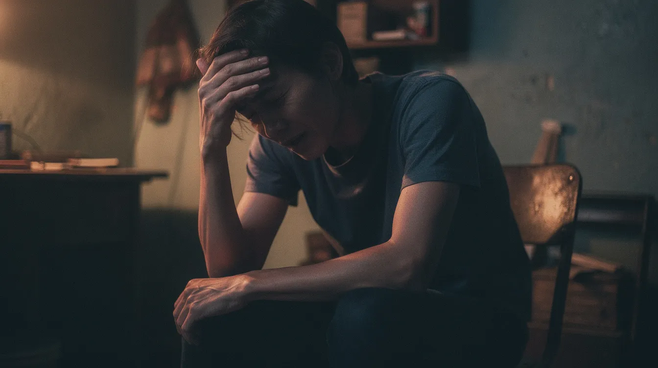 A person is sitting in a dimly lit room, holding their head with one hand and closing their eyes, clearly experiencing severe pain from migraine headaches. This scene illustrates the debilitating effects of chronic migraines, which can significantly impact daily functioning and may qualify individuals for disability benefits.