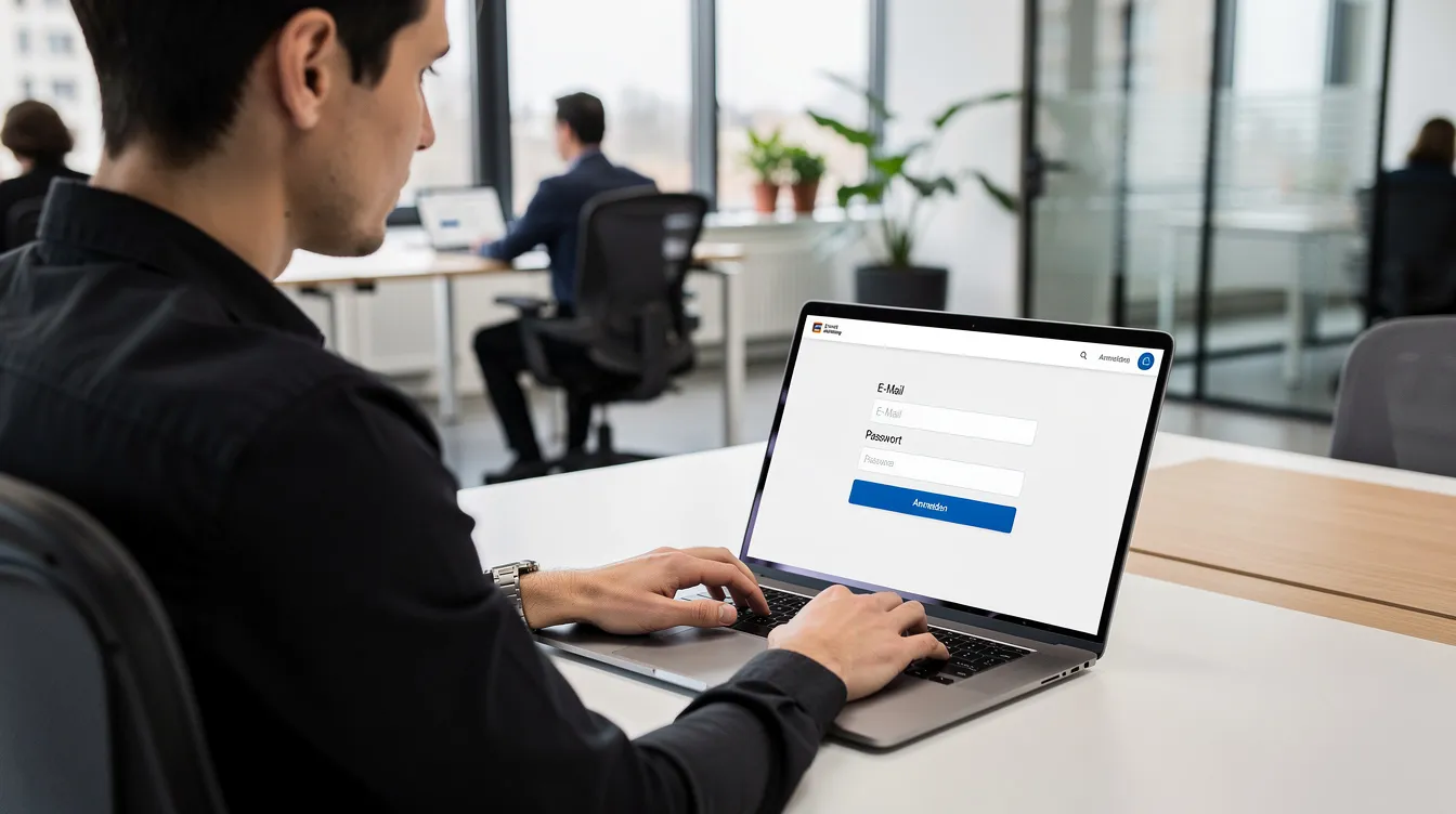 Das Bild zeigt eine moderne Büroumgebung, in der eine Person an einem Laptop sitzt und sich in eine Webanwendung einloggt, um Finanzprozesse wie Ausgabenmanagement und Reisekostenabrechnungen zu verwalten. Die Szene vermittelt einen Eindruck von Effizienz und moderner Technologie, die in Unternehmen wie Circula eingesetzt wird.