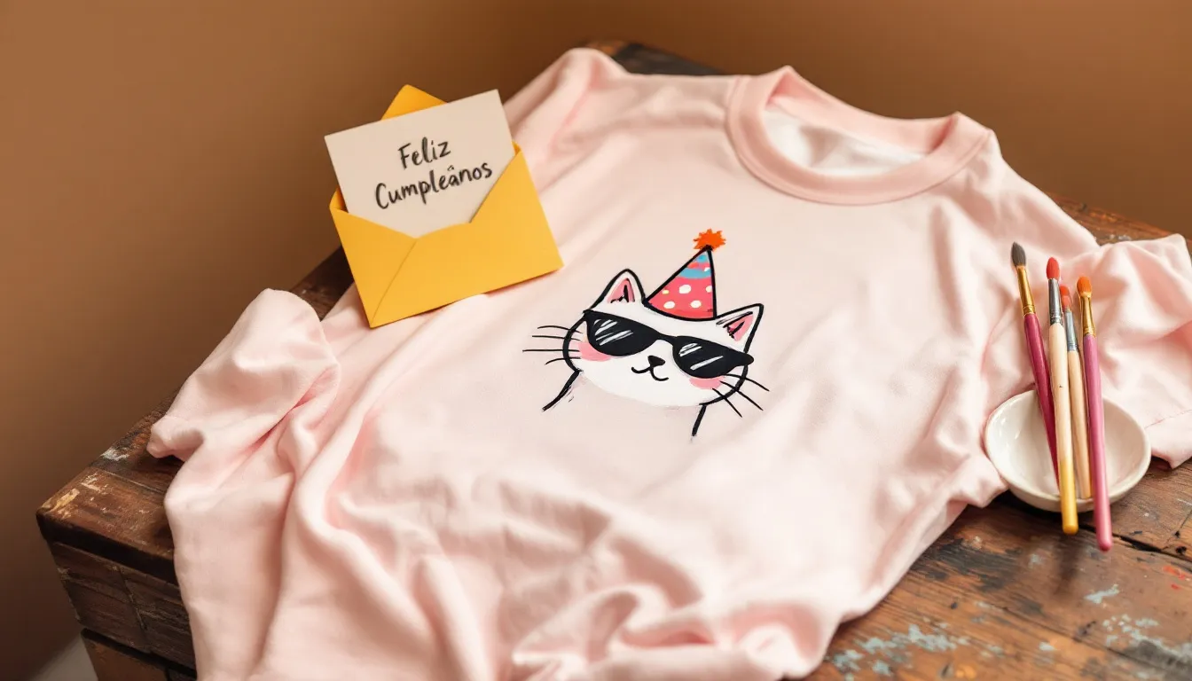 A hand-painted customized t-shirt is drying on a table, accompanied by a small handmade birthday card and paintbrushes, showcasing a thoughtful gesture perfect for gift giving. This scene embodies the joy of DIY projects and the personal touch that makes homemade gifts truly special.