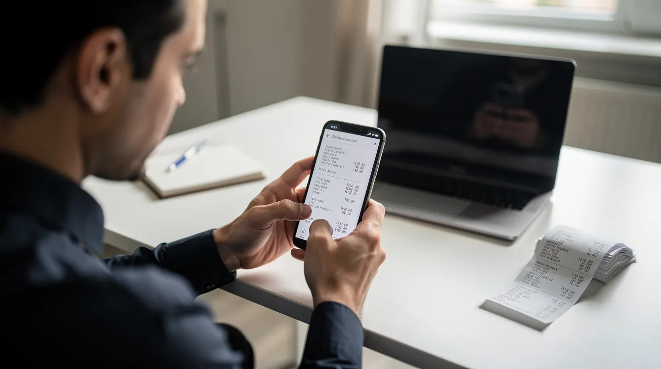 A person is seated at a desk, intently reviewing a receipt displayed on their smartphone screen. The setting suggests a modern office environment, possibly in the Czech Republic, where mobile phones are commonly used for managing expenses.