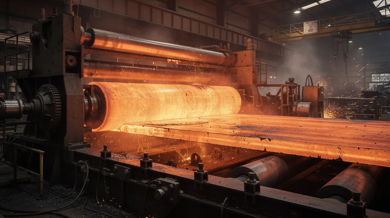 The image depicts glowing orange steel slabs being processed through large industrial rolling mill stands, indicative of the hot rolling process used in steel production. This method involves high temperatures to shape the steel into desired forms, contrasting with cold rolled steel, which is processed at near room temperature for tighter dimensional tolerances and better surface qualities.