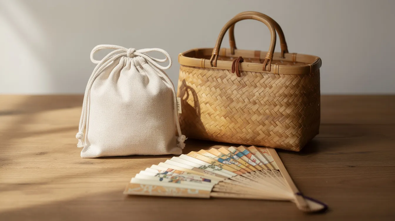 The image features a small cotton drawstring kinchaku bag and a bamboo basket bag placed next to a folded fan on a wooden surface, evoking a sense of traditional Japanese culture. This arrangement can complement outfits like yukata or kimono, often paired with geta sandals for formal occasions.