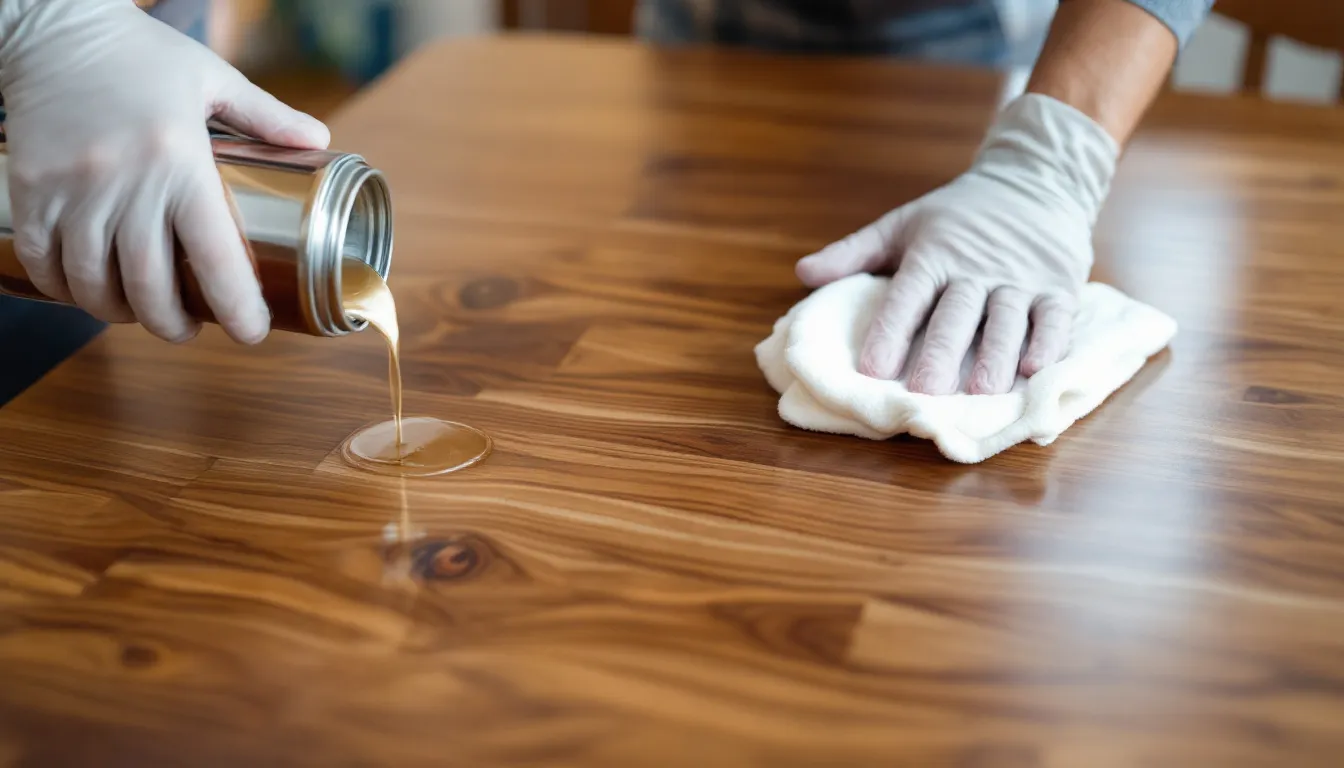 Sealing the tabletop of a refinished dining table with a clear coat.