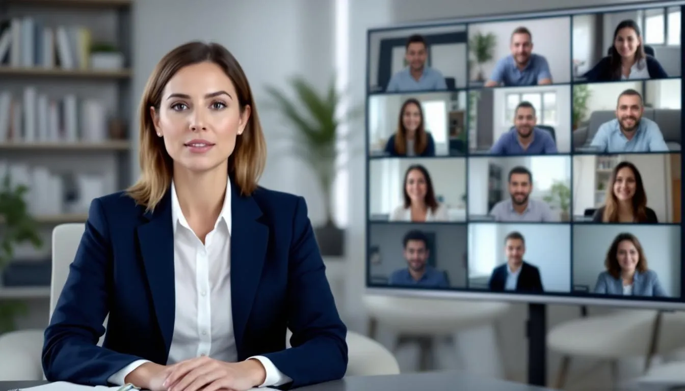 In this split-screen view, a webinar presenter engages with the audience while a grid of attentive virtual attendees is displayed, showcasing the interaction typical of a successful webinar on a professional webinar platform. The scene highlights audience engagement and the importance of high-quality video in creating impactful online events.