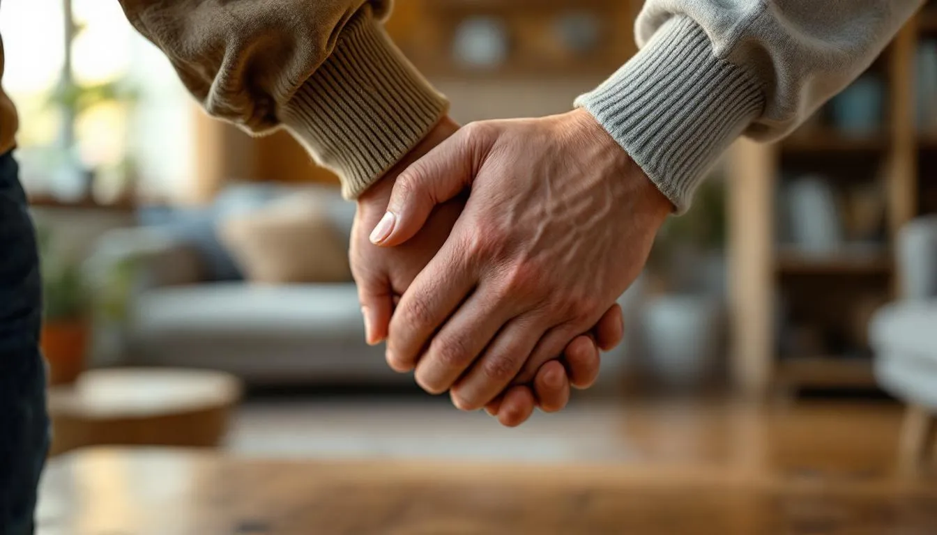 The image depicts two hands gently holding each other, symbolizing care and support between family members, highlighting the importance of compassion in the context of nursing home residents and their loved ones. This gesture serves as a reminder of the need for quality care and protection against nursing home abuse and neglect.