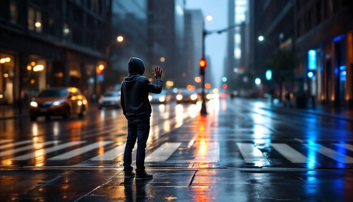 A pedestrian crossing an unmarked crosswalk safely.