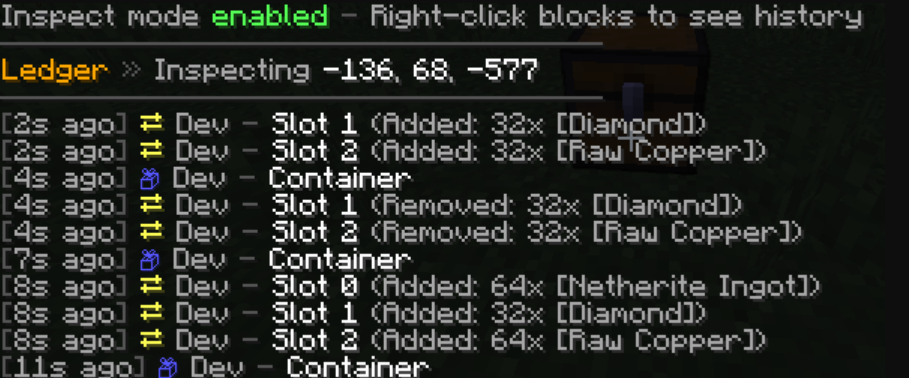 Ledger mod Console in minecraft