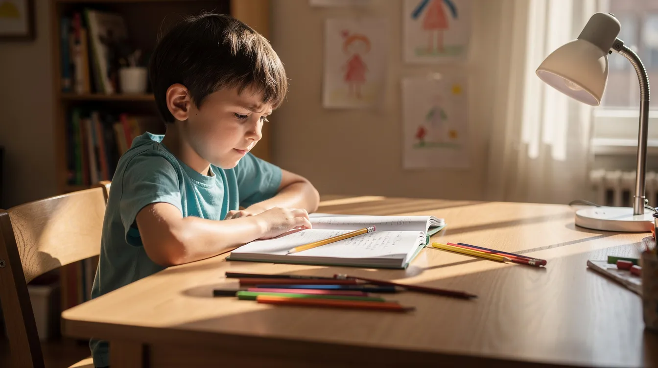 A child is sitting at a study desk at home, looking thoughtfully at an open workbook, surrounded by scattered pencils. This scene reflects the academic challenges some students face, as they work on developing their academic skills and problem-solving abilities.