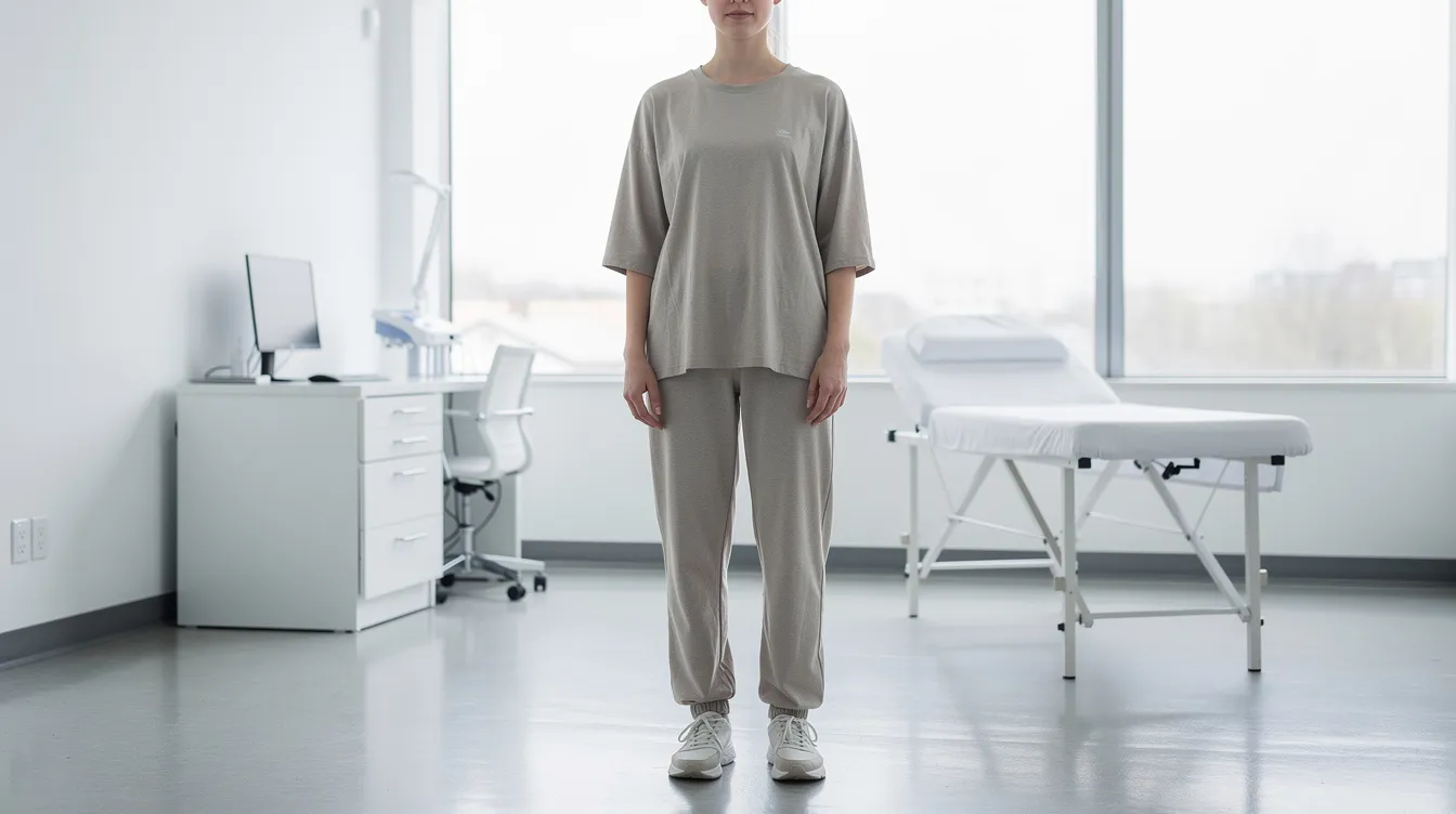A person is standing in a bright clinic room, dressed in relaxed fitness clothing, exuding a sense of calm and readiness for their personalized treatment plan. The environment suggests a focus on body sculpting and aesthetic goals, possibly related to non-surgical solutions like injectable butt lifts or dermal fillers.
