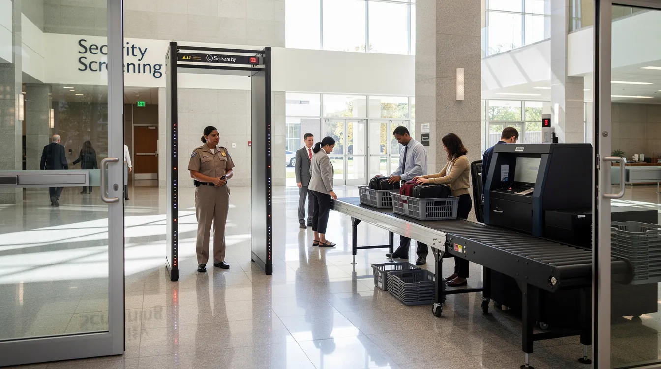 The image depicts the entrance of a courthouse, featuring security screening equipment designed to ensure safety during court proceedings. This area is crucial for enforcing state and federal law regarding the carrying of concealed deadly weapons and maintaining gun safety.