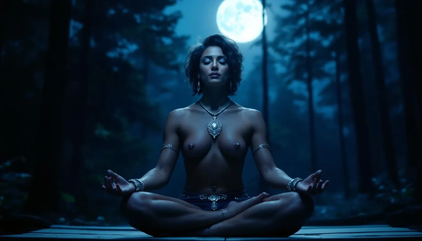 A person sits cross-legged in meditation under the serene glow of moonlight, adorned with silver jewelry that enhances their spiritual journey. The silver ring and chain symbolize protective properties, promoting emotional balance and inner peace while shielding against negative energies.