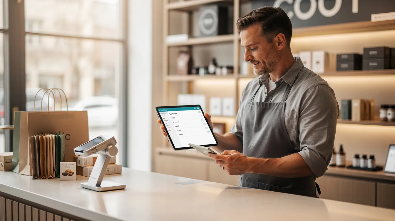A small business owner is intently reviewing an order on a tablet at a retail counter, likely checking payment details and ensuring secure payment processing for customer transactions. The scene captures the importance of utilizing reliable payment gateways to facilitate electronic payments and enhance the customer experience.