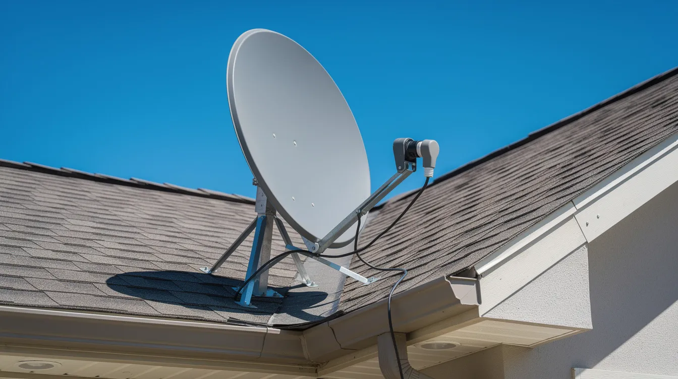 A professional satellite dish is securely mounted on the roof of a residential home against a clear blue sky, showcasing a reliable installation for optimal DSTV signal reception. This image reflects the quality of professional DSTV installation services available in Swellendam.