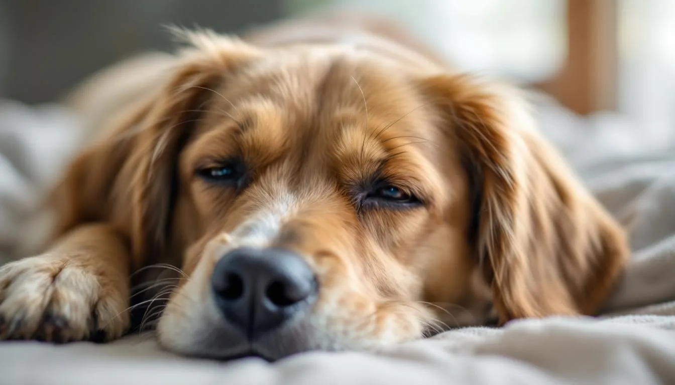 A close-up image shows a tired-looking dog with droopy eyes lying down, appearing fatigued and possibly affected by a condition like Addison