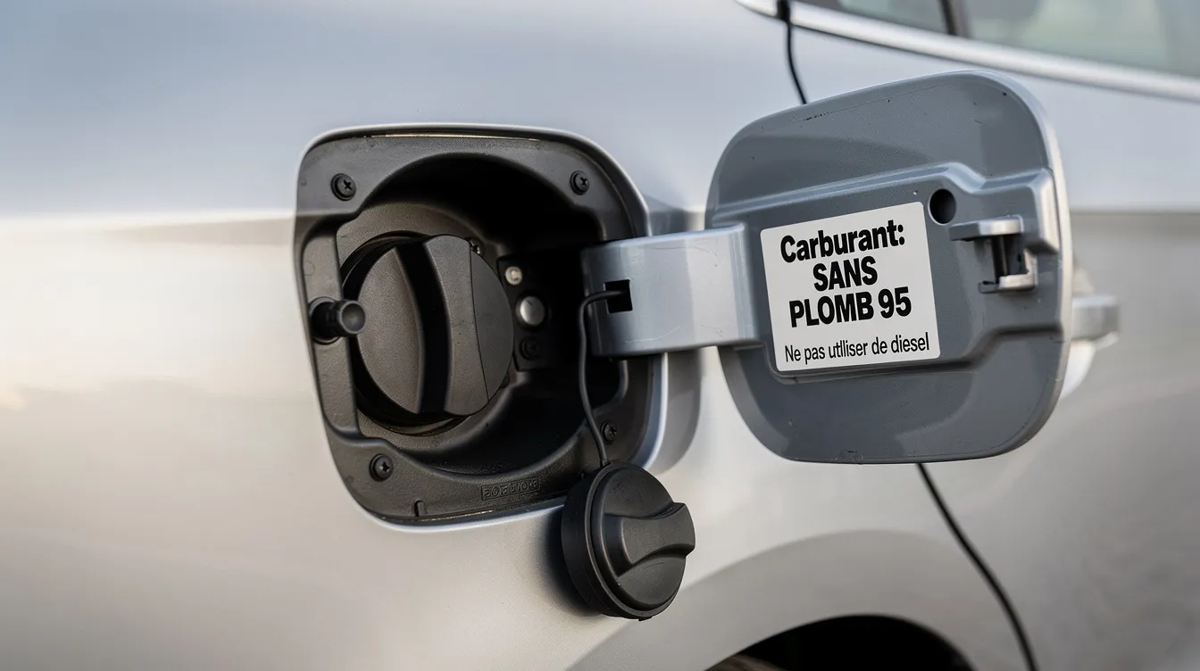 L'image montre une trappe à carburant ouverte d'un véhicule, avec un autocollant indiquant le type de carburant requis, tel que diesel ou essence. Cela peut aider à éviter une erreur de carburant lors de la location d'une voiture.