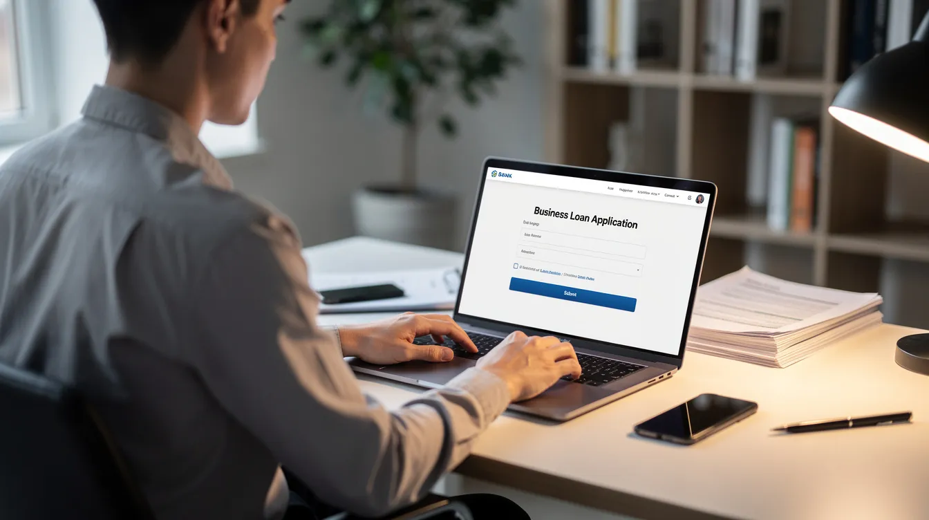 A person is sitting at a desk, focused on their laptop as they complete an online application for a business loan, possibly under a 中小企業 融資 program. The workspace is organized, reflecting a professional environment conducive to submitting a 貸款 申請.