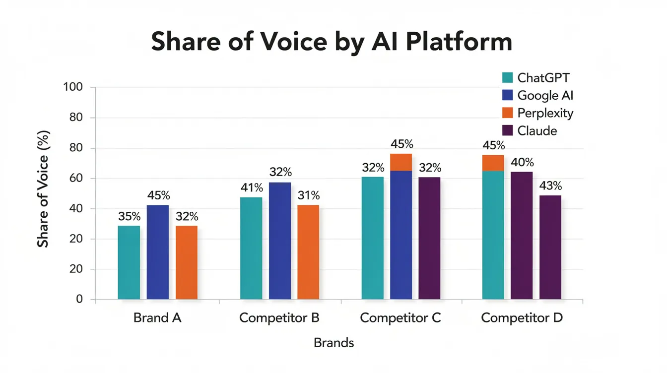 The image displays a bar chart comparing the share of voice percentages for ChatGPT, Google AI, Perplexity, and Claude concerning a sample brand and its three competitors. This visual representation highlights the competitive landscape of AI tools and their visibility in search results, emphasizing the impact on organic traffic and customer engagement.
