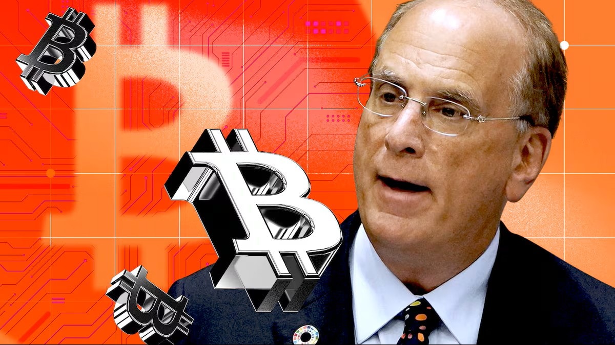 An image showcashing Larry Fink with Bitcoin images. 