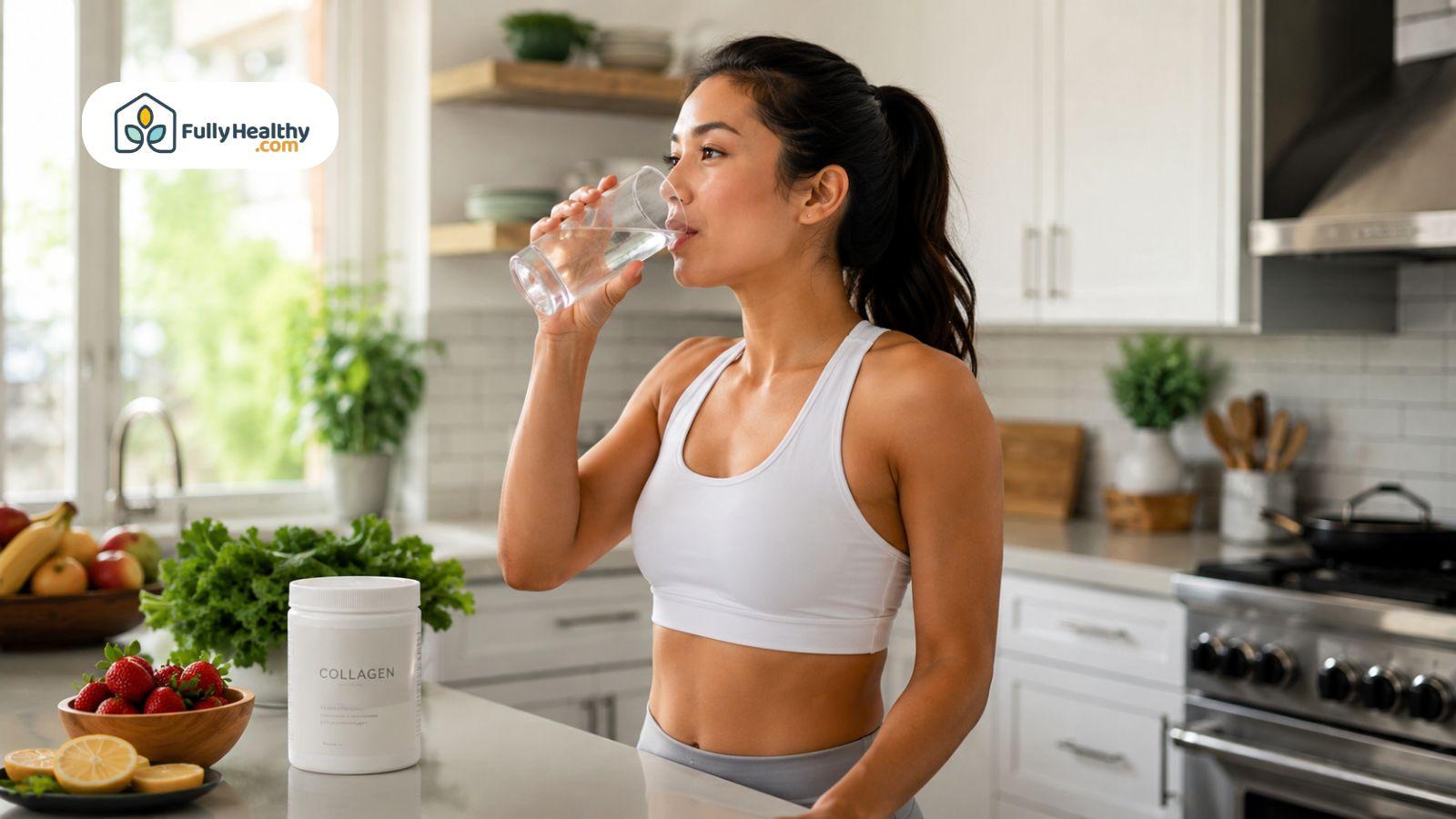 Woman drinking water after taking collagen supplement in bright modern kitchen.