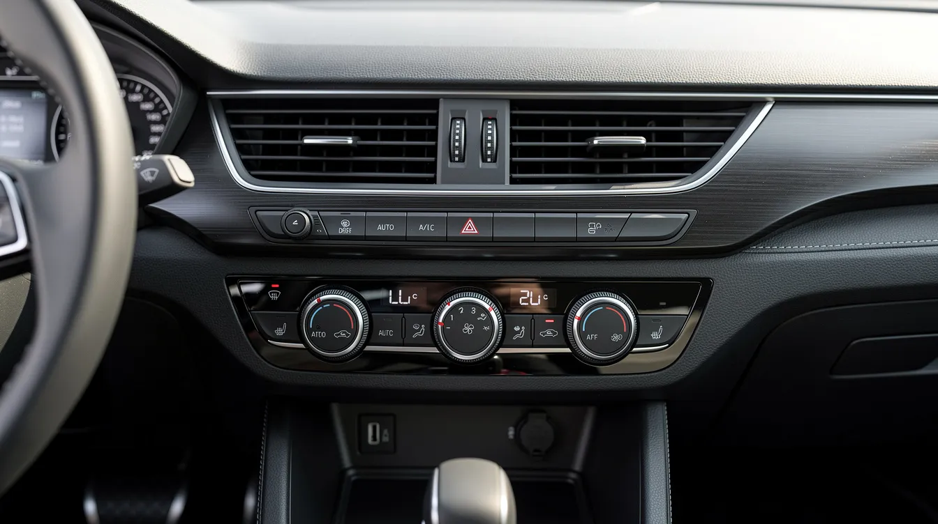 The image shows the interior dashboard of a modern sedan, featuring air conditioning vents and climate control knobs designed for adjusting airflow. The setup includes indicators for the blower motor and controls for the air conditioning system, allowing users to manage cool air and maintain a comfortable temperature inside the vehicle.