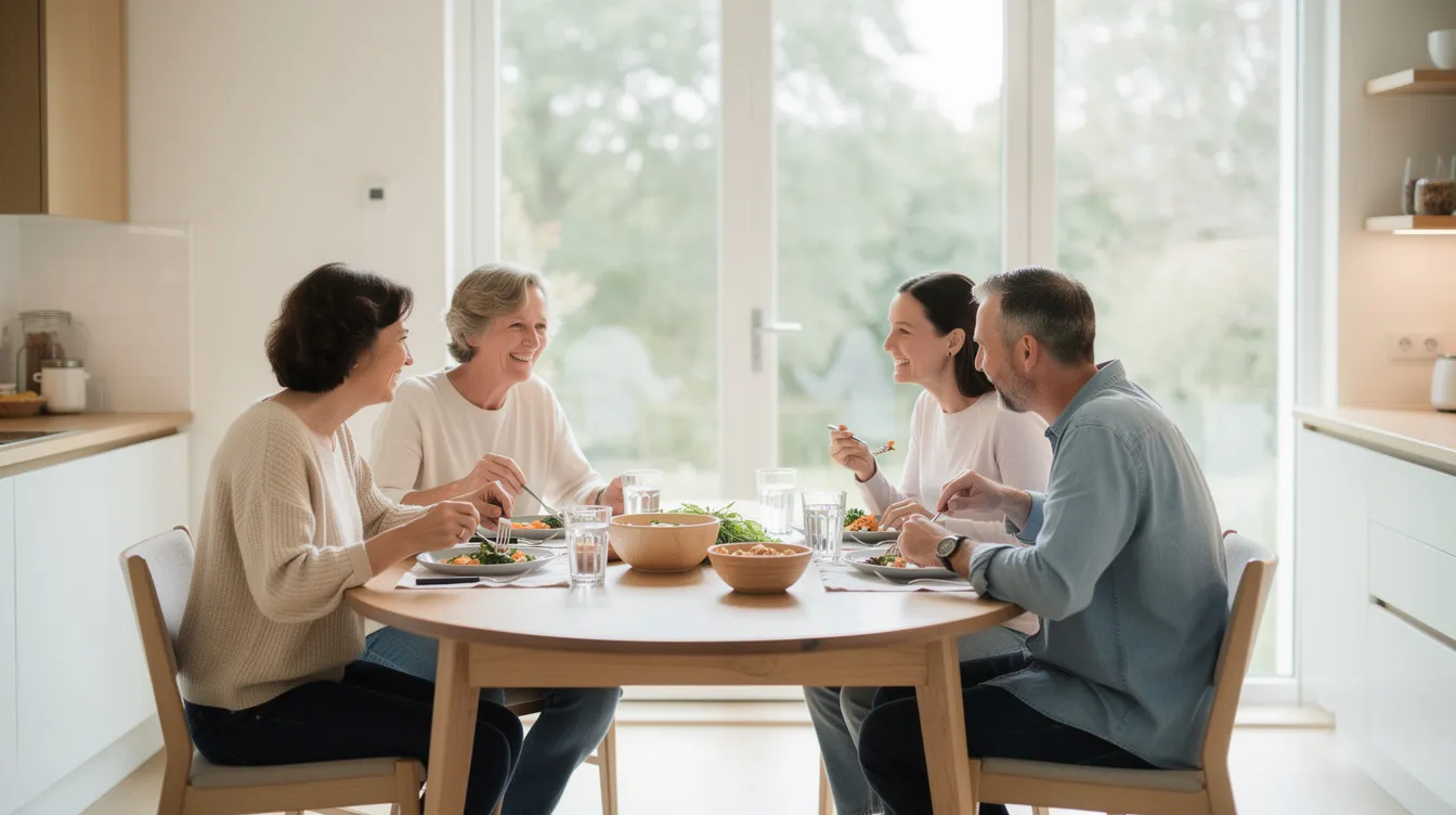 En familj sitter vid ett runt träbord i ett ljust kök, där stora fönster släpper in mycket ljus. De äter middag tillsammans och skapar en varm och trivsam atmosfär runt matbordet.