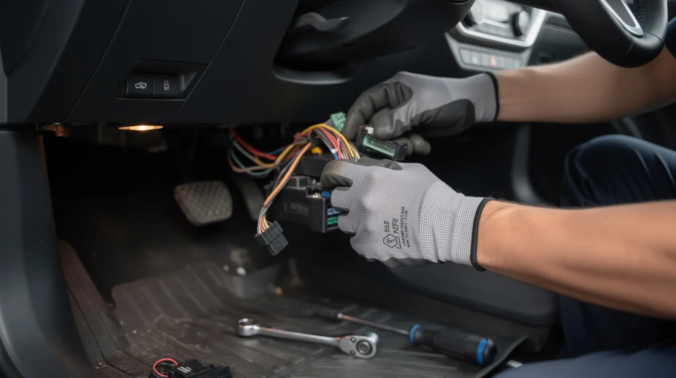 Fleet Telematics Solutions: A close-up view shows a professional technician's hands working diligently under a vehicle dashboard, focusing on vehicle diagnostics and maintenance.