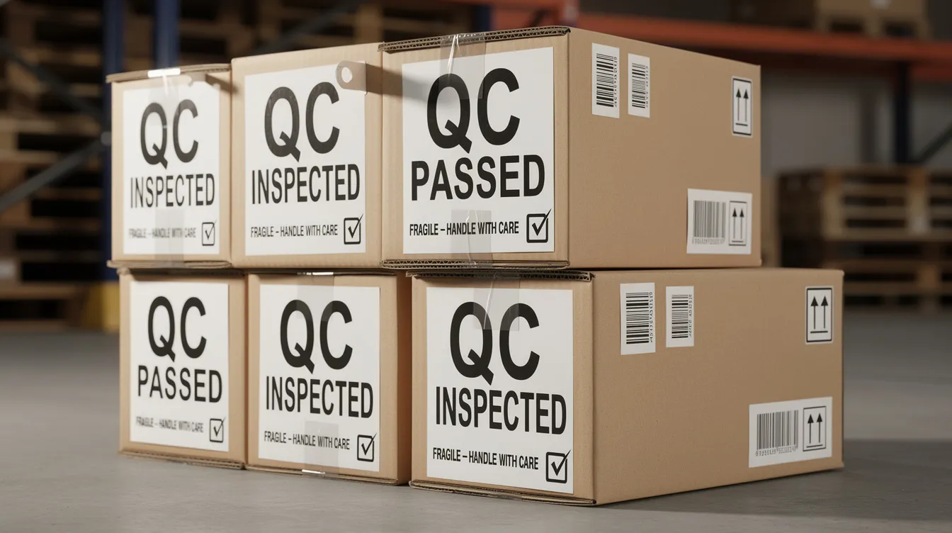 Auf dem Bild sind mehrere Versandkartons zu sehen, die mit Etiketten zur Qualitätskontrolle versehen sind, was darauf hindeutet, dass man sich auf zuverlässige Dropshipping-Lieferanten und hochwertige Produkte konzentriert. Dies ist wichtig für Unternehmen, die die Kundenzufriedenheit in ihren Online-Shops sicherstellen möchten.
