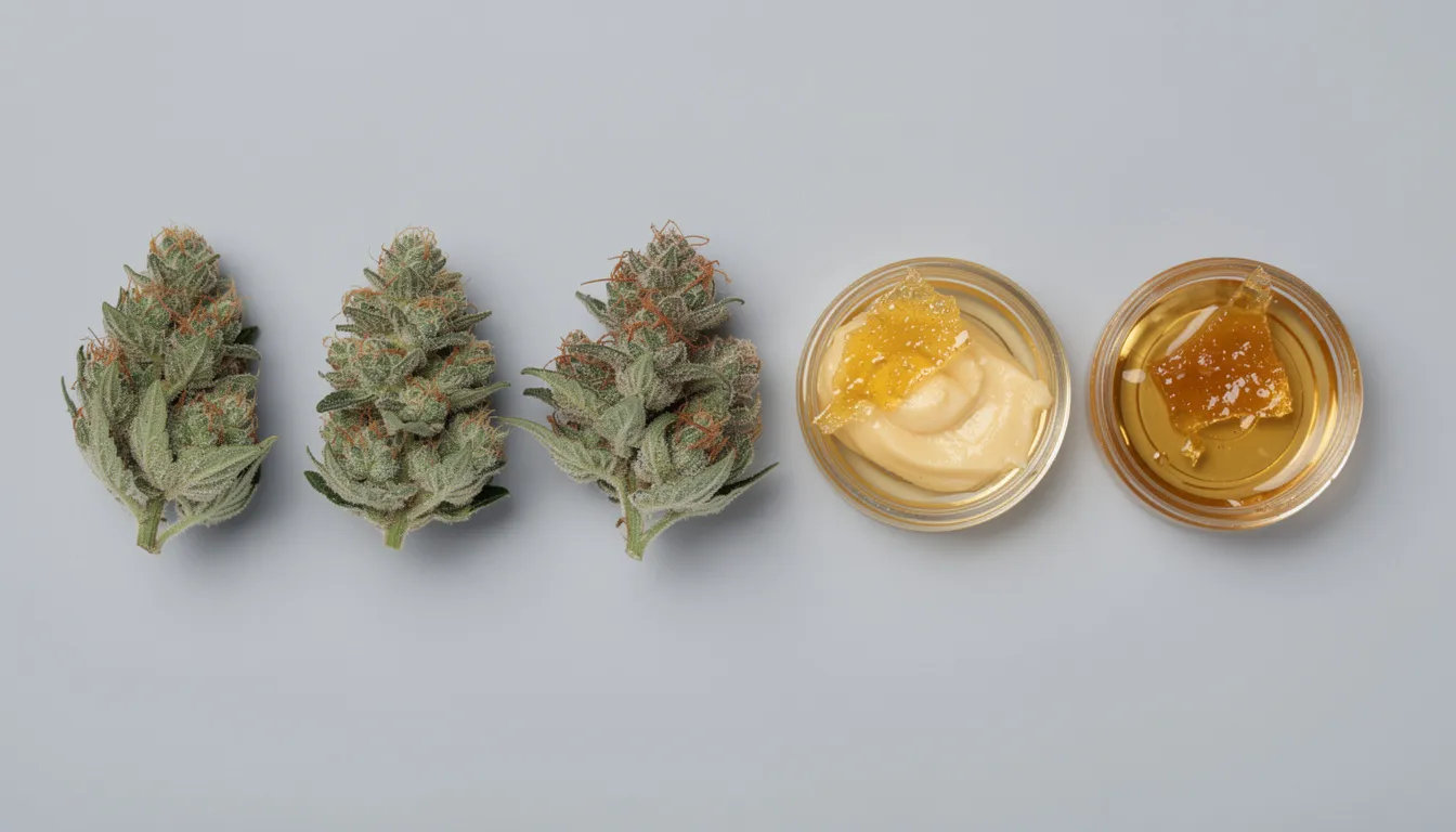 Das Bild zeigt eine Auswahl verschiedener Cannabis-Blüten und Konzentrate in unterschiedlichen Größen nebeneinander auf einem neutralen Hintergrund. Die verschiedenen Produkte repräsentieren die Vielfalt der Cannabinoide, einschließlich Delta 9 THC und THCB, und verdeutlichen die Unterschiede in ihren chemischen Strukturen und Wirkungen.