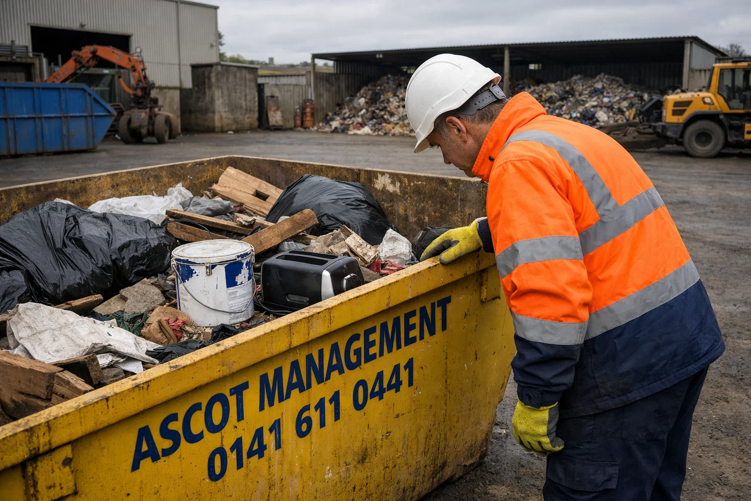 Skip operator inspecting contents and spotting hazardous items before collection in Glasgow.