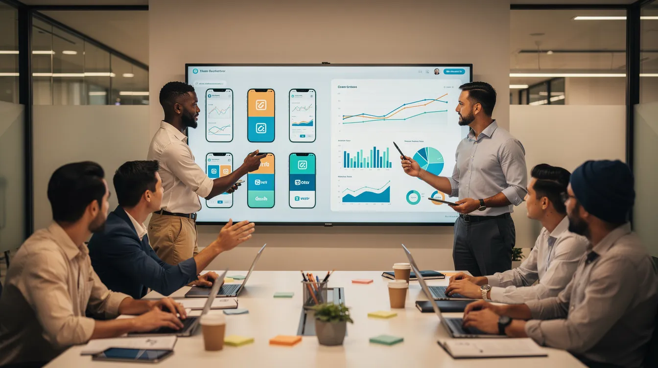 A diverse team of professionals collaborates around a large digital display, which showcases various design iterations and data visualizations. This scene highlights the integration of human creativity and AI tools in the design process, emphasizing the importance of human experience and critical thinking in solving design problems.