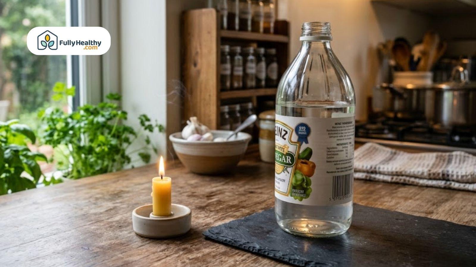 Vinegar bottle beside lit candle showing vinegar