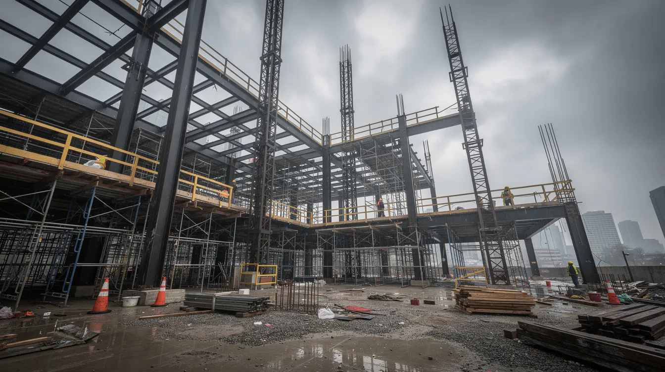 The image depicts a bustling construction site featuring steel beams and scaffolding set against a cloudy sky, illustrating the complexities of business transactions in the construction industry. This environment can be a backdrop for discussions about legal claims related to business fraud cases, where misrepresentation and fraudulent activities might lead to significant financial harm for companies and business owners alike.