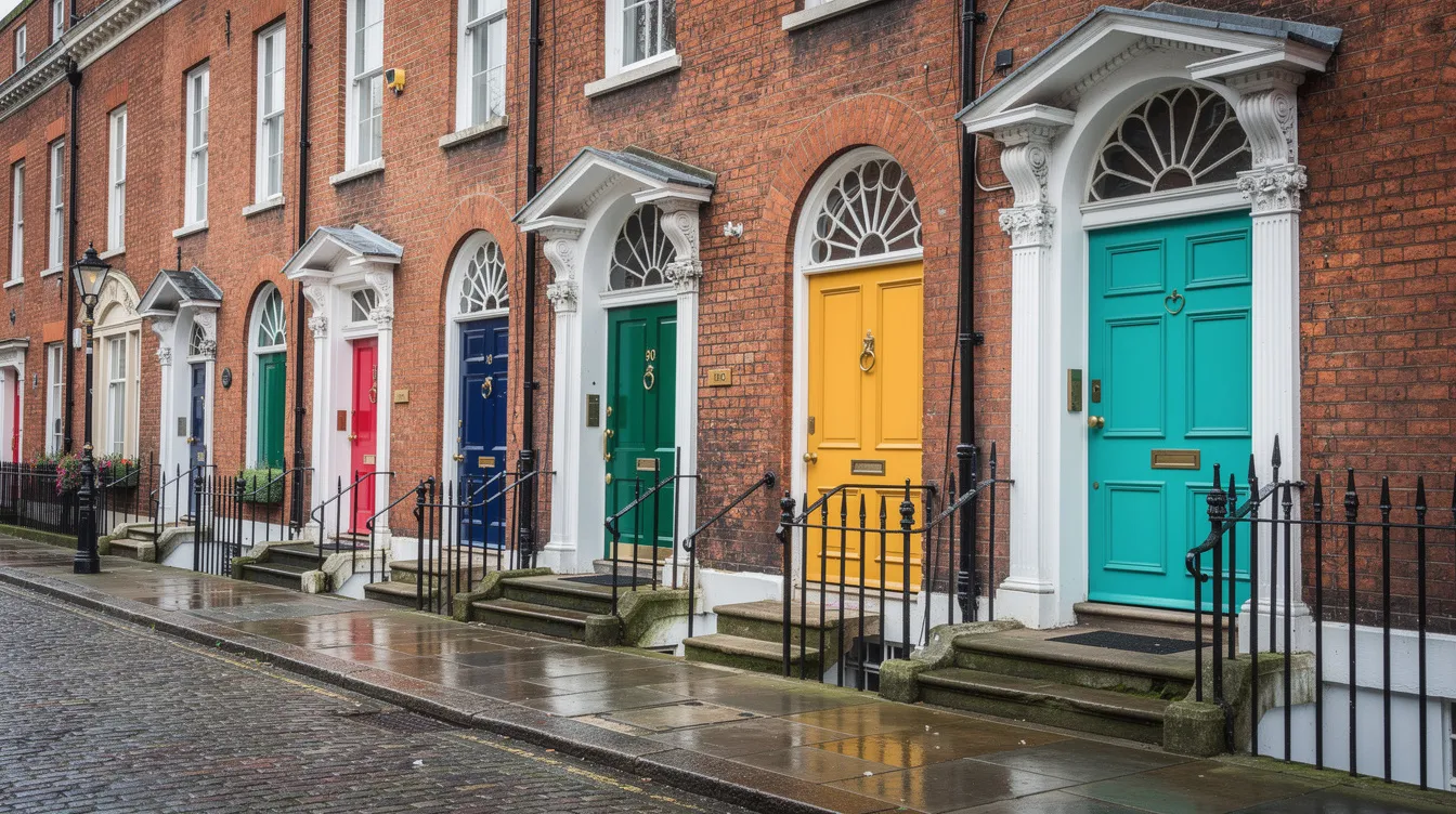 The image features a vibrant street in Dublin, showcasing a row of colorful Georgian doors against the backdrop of traditional brick buildings. This scene reflects the lively atmosphere of life in Ireland, where diverse communities, including Indian students, contribute to the rich cultural tapestry of the city.