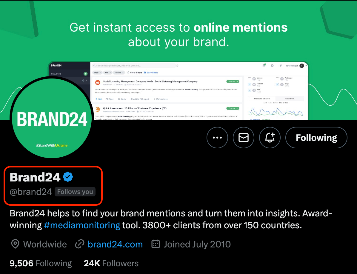 Twitter marketing: how your Twitter profile should look like. A screenshot of Brand24's Twitter profile.