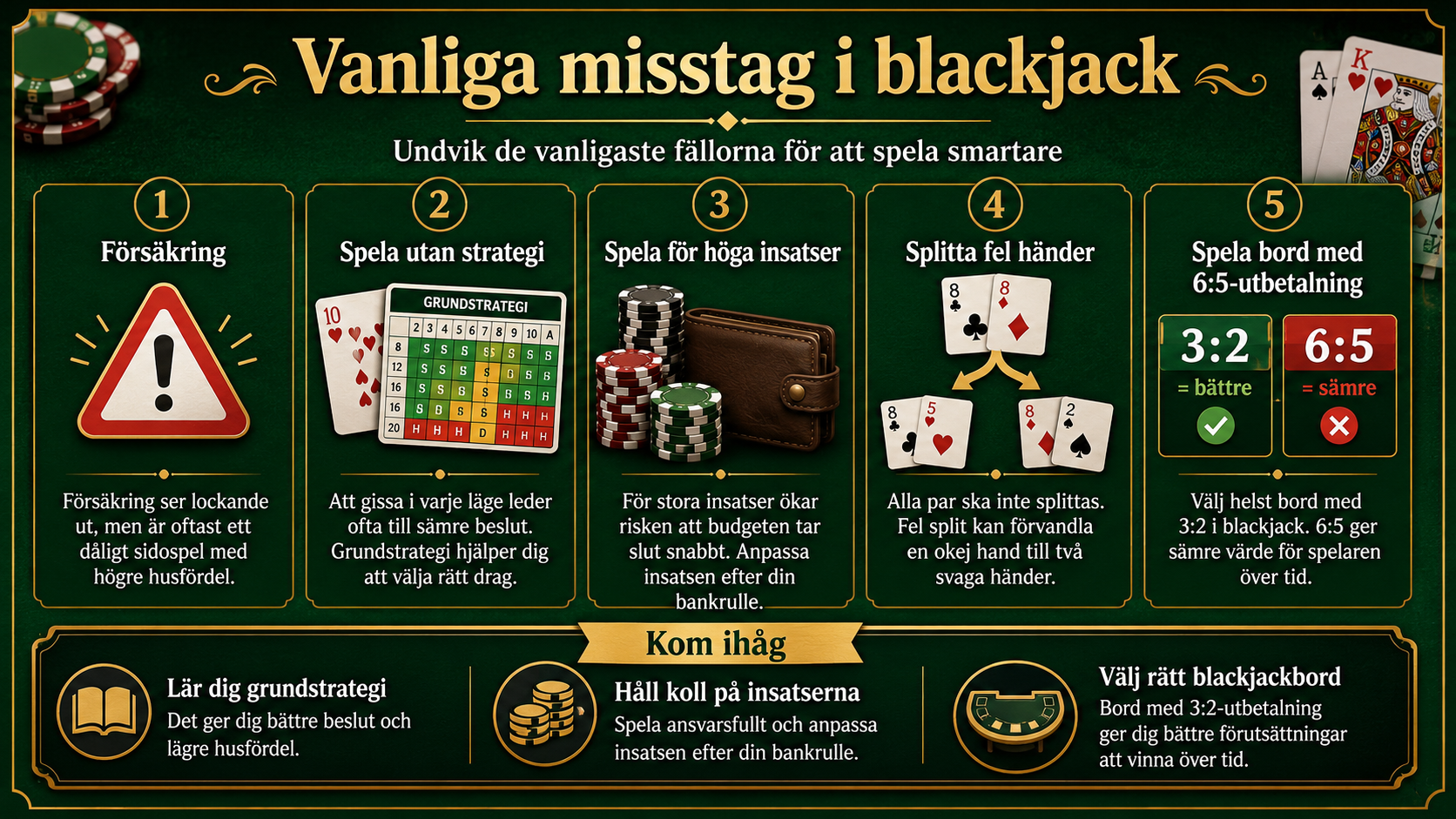 Guide över vanliga misstag i blackjack som försäkring, fel split och 6:5-utbetalning.