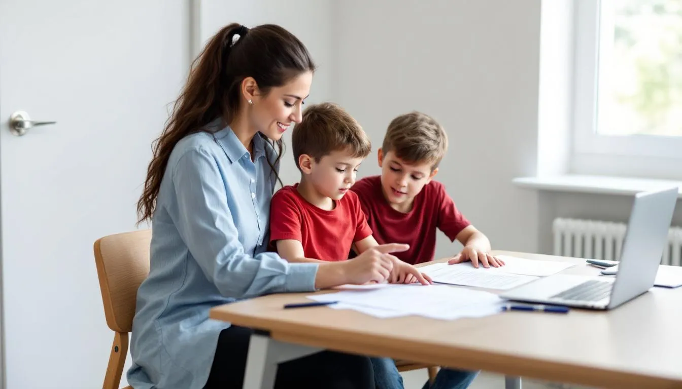 A parent and child are sitting together at a consultation table, reviewing important documents related to their visa application. The atmosphere is focused as they discuss the requirements for the dependent child visa subclass 101, which allows eligible New Zealand citizens to stay in Australia indefinitely. australian citizen, australian permanent resident visa, child younger, visa the child, years of age, australian permanent visa, holder of an australian, australian government, de facto partner, 