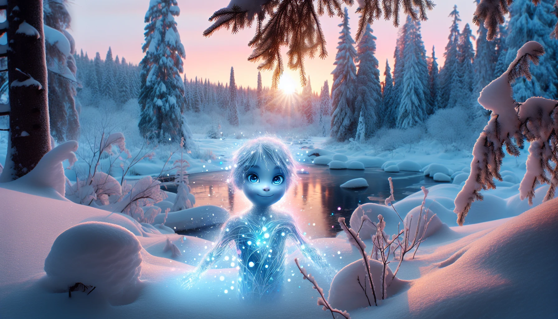 The Enigma of the Snow Child: A magical snow child coming to life in a wintry landscape