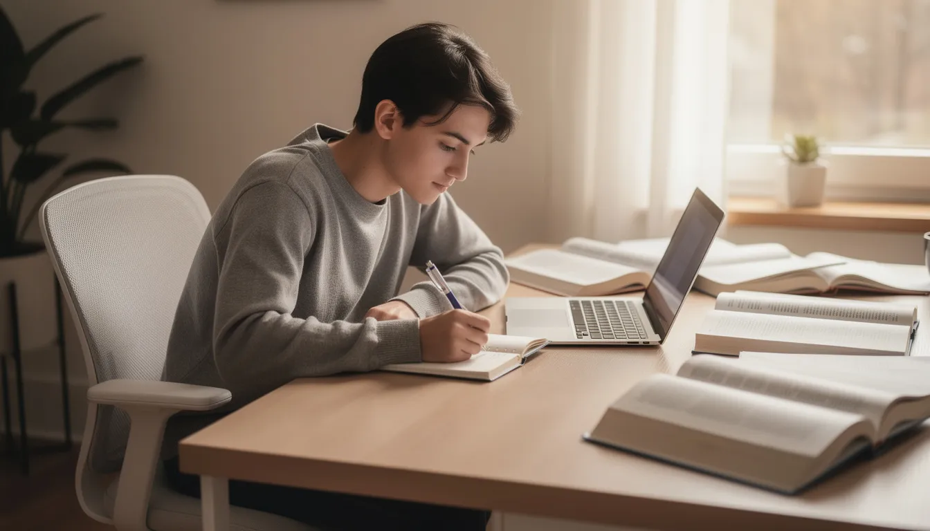 A person is sitting at a desk, taking notes while studying with a laptop and several books, focusing on real estate investing concepts. This scene reflects the dedication of aspiring investors learning about rental properties and the strategies needed to build wealth through real estate.