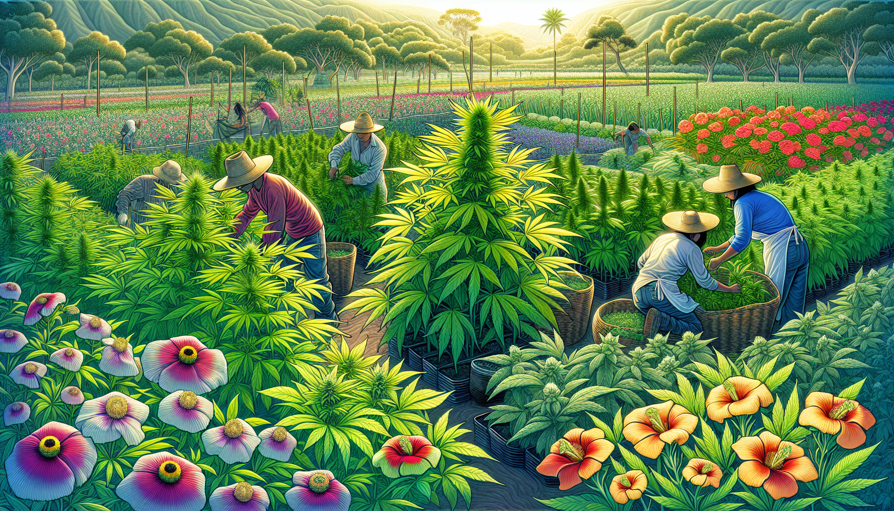 Illustration of the cultivation and harvest of THP420 flowers.