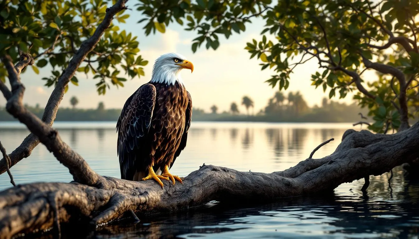 A majestic bald eagle is perched on a tree branch overlooking a mangrove coastline, with the tranquil Gulf waters in the background. This scene captures the natural beauty of Sanibel Island, a perfect location for those seeking a serene beach retreat in the Gulf Pines community.