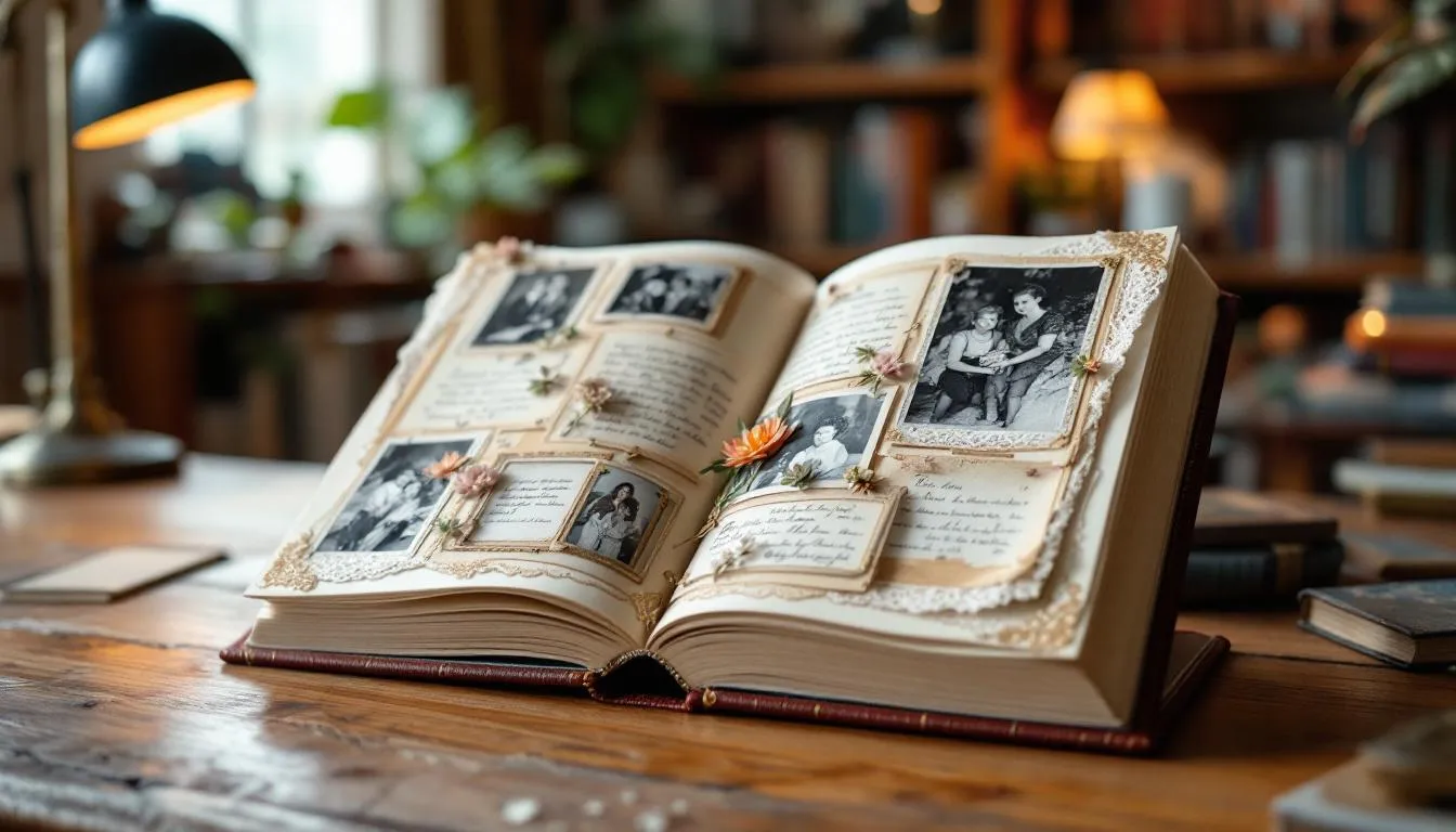 The image shows a romantic proposal scene featuring a beautifully arranged memory book, open to a page filled with heartfelt messages and photos, alongside an engagement ring. Soft lighting from twinkle lights creates an intimate atmosphere, perfect for capturing this special moment with loved ones nearby.