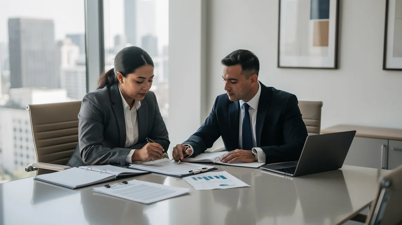 A professional meeting is taking place between a client and a tax adviser, as they review important documents related to the employee retention credit (ERC) and its eligibility criteria. The discussion likely involves topics such as qualified wages, gross receipts, and the impact of the COVID-19 pandemic on the client's business operations.