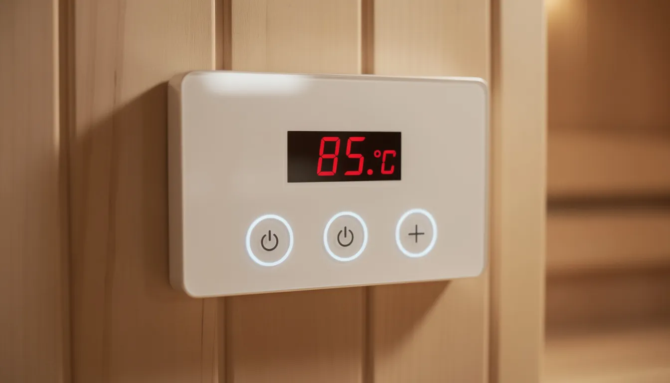 The image shows a close-up view of a sauna control panel featuring a digital temperature display, highlighting the essential controls for adjusting the sauna experience. This panel is crucial for ensuring proper ventilation and monitoring the heating elements, contributing to the overall well-being and comfort of the sauna room.