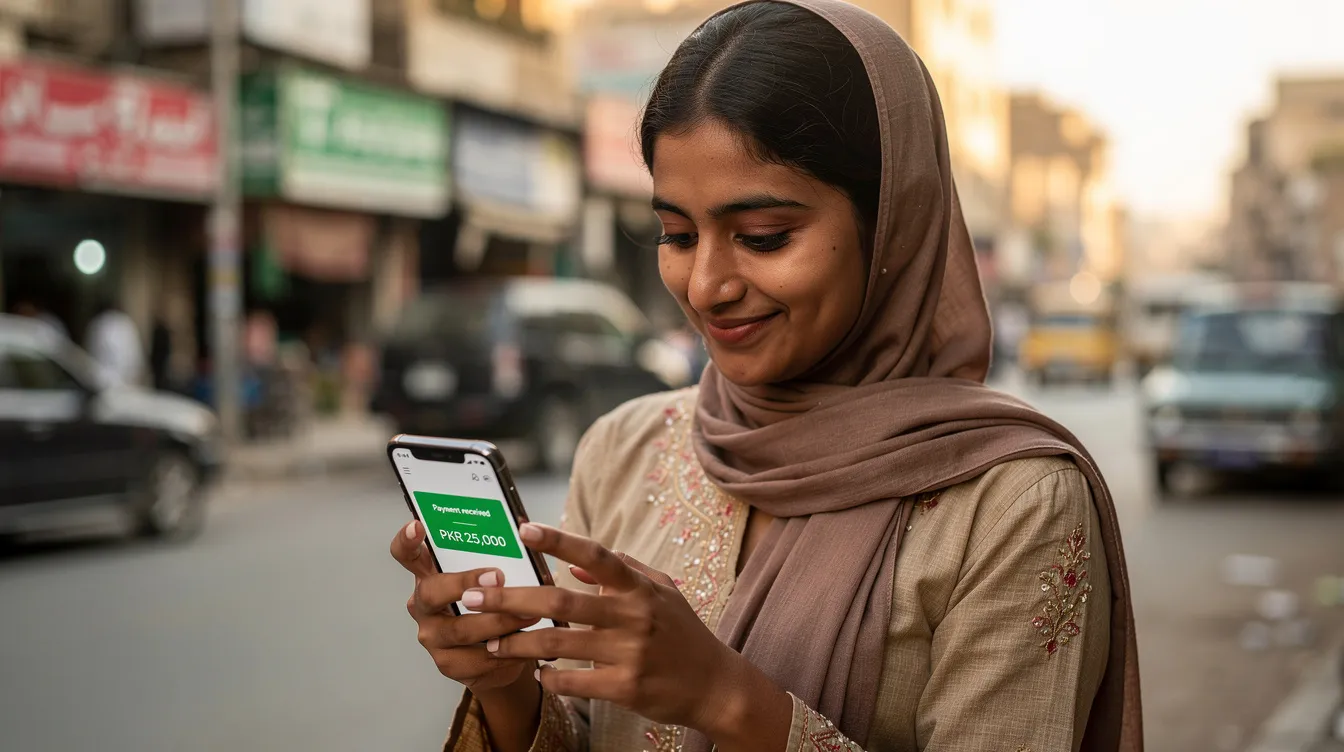 A person in Pakistan is looking at their smartphone, smiling as they check a notification for an international payment received. This moment highlights the convenience of online money transfers and mobile banking for receiving funds securely and quickly.
