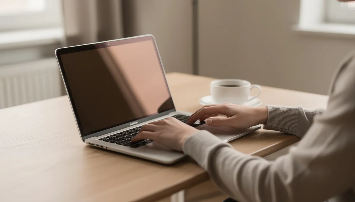 En person sitter vid ett skrivbord och använder en laptop, med en kaffekopp placerad bredvid. Denna scen kan inspirera till att utforska nya casinon online, där man kan njuta av spel och bonusar i en avslappnad miljö.