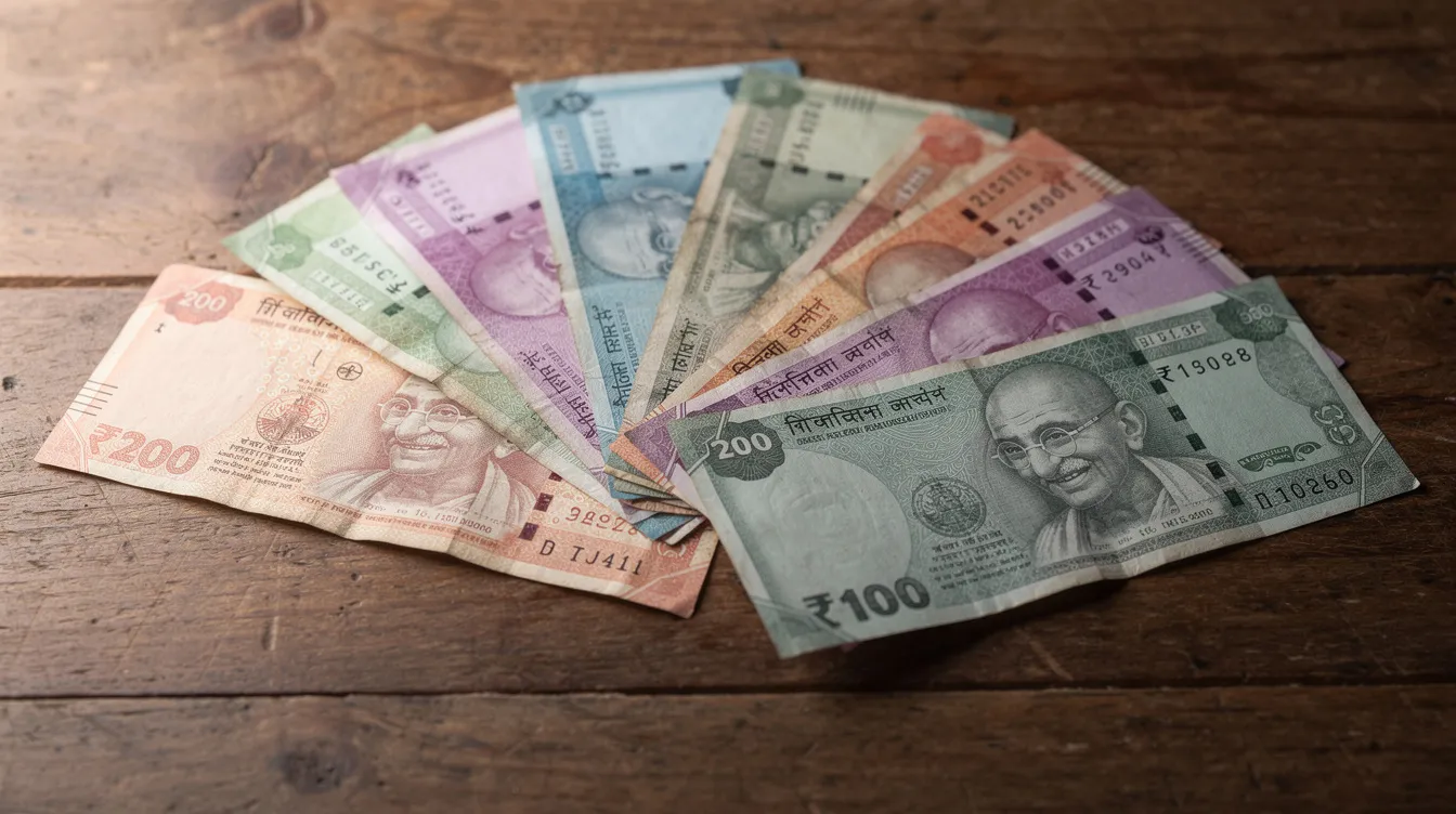 The image shows Indian rupee banknotes fanned out on a wooden table, highlighting the vibrant colors and intricate designs of the currency. This visual representation of money reflects the Indian economy and could be associated with financial institutions like the Nainital Bank or State Bank, where transactions often involve the use of IFSC codes for international money transfers.