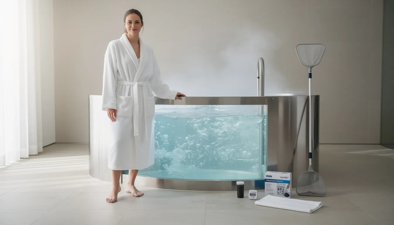 A person in a clean bathrobe stands next to a sparkling cold plunge tub, with maintenance tools nearby, ready for cold water exposure as part of their wellness routine. The scene emphasizes the benefits of cold immersion for the entire body, showcasing a calm and inviting atmosphere for a total body dip.