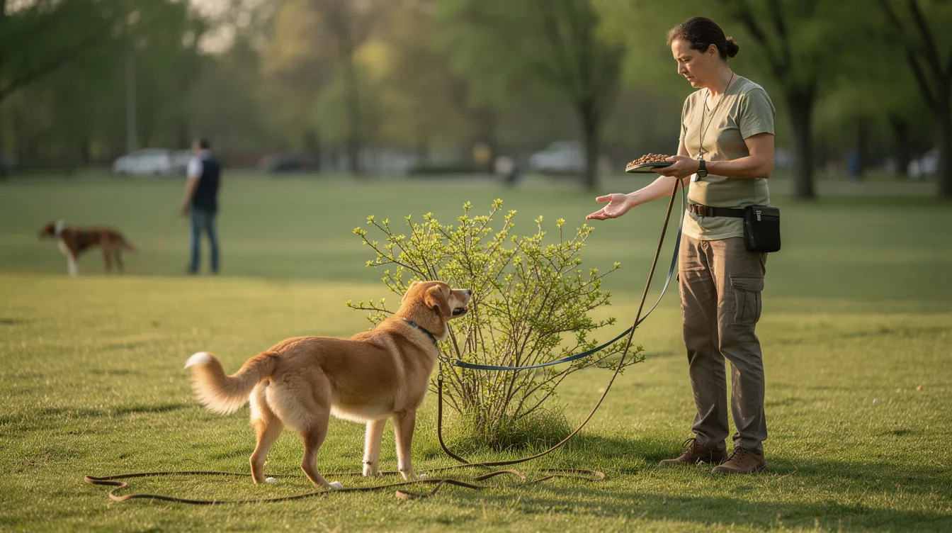 Long Line Training for Dogs: Complete Guide to Distance Control and Recall 3 The image depicts a dog owner in an open field using a long line to train their dog, showcasing the balance between giving the dog more freedom while maintaining control. The dog, a small breed, is happily exploring the environment, demonstrating the effectiveness of long line training for recall and safety.