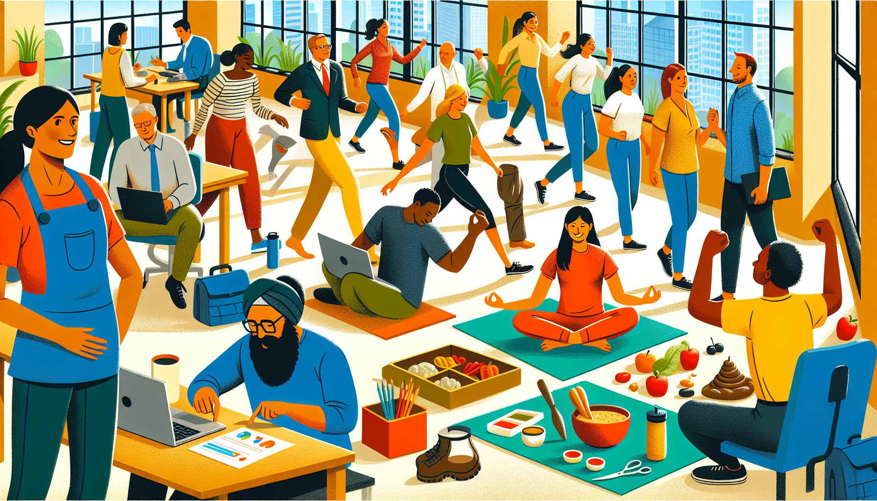 Illustration of employees participating in wellness challenges