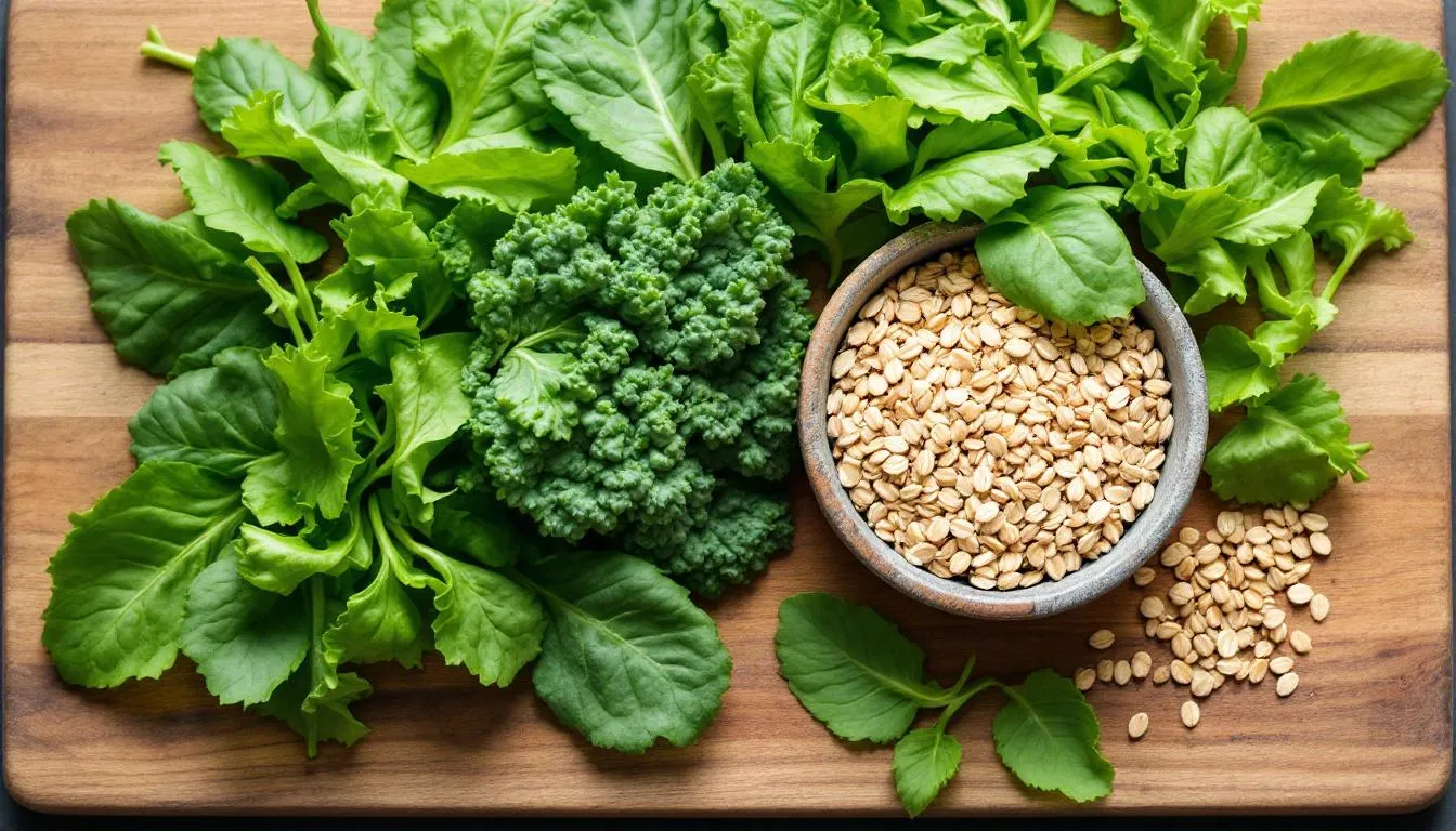 The image features a wooden cutting board adorned with a variety of fresh green leafy vegetables alongside whole grain cereals, highlighting the importance of dietary supplements for maintaining good health and preventing low magnesium levels. This colorful arrangement emphasizes the role of nutritious foods in supporting the body's mineral needs.